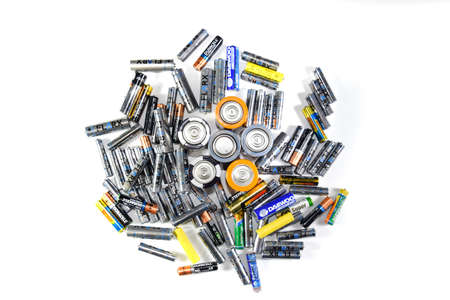 Krasnodar, Russia - February 4, 2019: Saline and alkaline batteries, energy source for portable technology. AAA and AA batteriesのeditorial素材