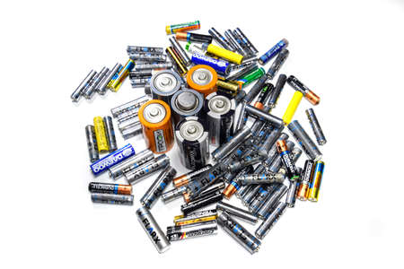 Krasnodar, Russia - February 4, 2019: Saline and alkaline batteries, energy source for portable technology. AAA and AA batteriesのeditorial素材