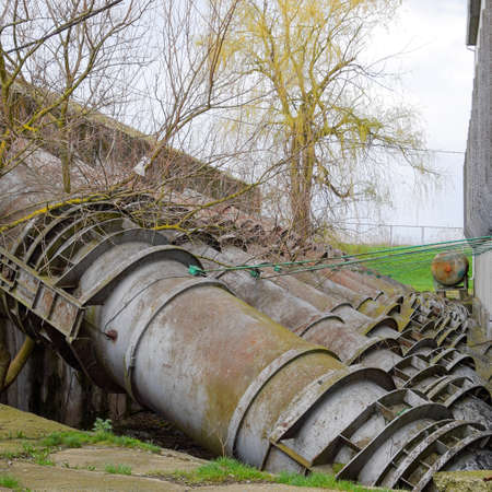 Outlet pipes of a water pumping station. Pipes of large diameter.