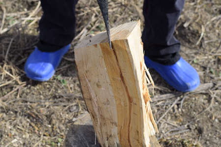 Chopping wood with an ax. Chopping wood