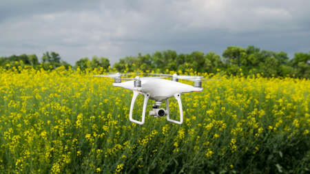 Krasnodar, Russia - May 30, 2017: White drone over the field of flowering rape. Dron against the cloudy sky. The flight of the copter in the sky.のeditorial素材