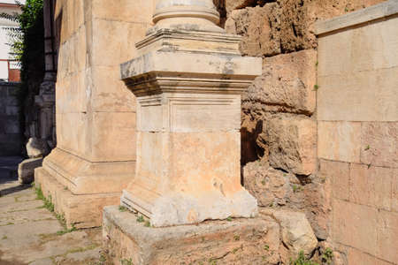 Element columns of ancient structures. Hadrians Gate, Antalya landmark. Ancient construction of the...