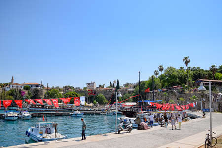 Antalya, Turkey - May 19, 2019: The old port of Antalya, excursion yachts in the port of Kaleici.のeditorial素材