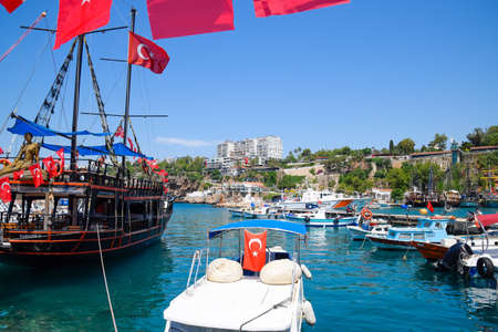 Antalya, Turkey - May 19, 2019: The old port of Antalya, excursion yachts in the port of Kaleici.のeditorial素材