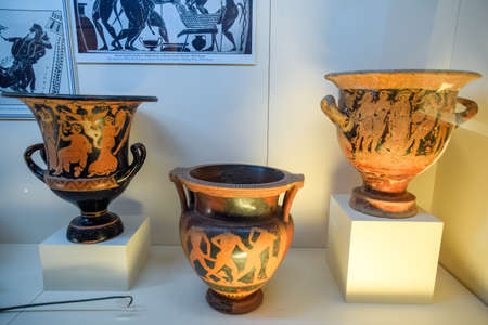 Antalya, Turkey - May 20, 2019: Ancient pottery, vessels and amphorae in Antalya Museum of Antiquities.のeditorial素材