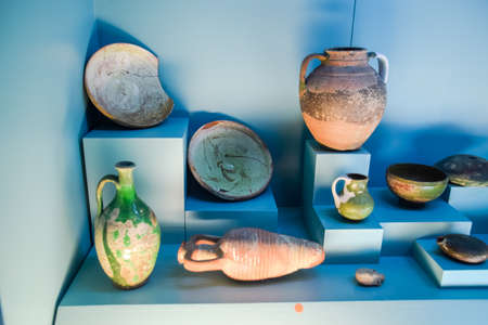 Antalya, Turkey - May 20, 2019: Ancient pottery, vessels and amphorae in Antalya Museum of Antiquities.のeditorial素材