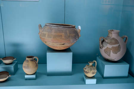 Antalya, Turkey - May 20, 2019: Ancient pottery, vessels and amphorae in Antalya Museum of Antiquities.のeditorial素材
