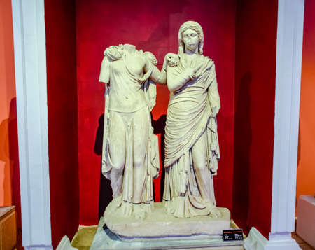 Antalya, Turkey - May 20, 2019: Marble statues of gods and emperors of antiquity in the Museum of...