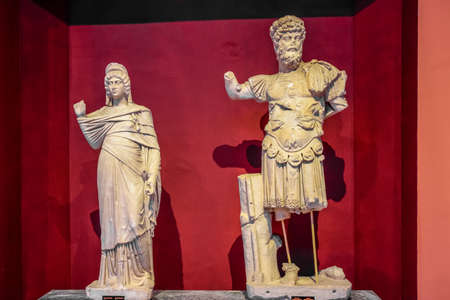 Antalya, Turkey - May 20, 2019: Marble statues of gods and emperors of antiquity in the Museum of...