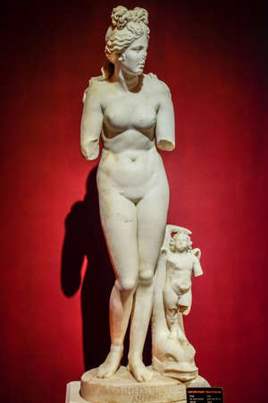 Antalya, Turkey - May 20, 2019: Marble statues of gods and emperors of antiquity in the Museum of...