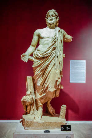 Antalya, Turkey - May 20, 2019: Marble statues of gods and emperors of antiquity in the Museum of...