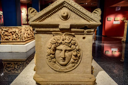 Antalya, Turkey - May 20, 2019: Marble sarcophagus. Sarcophagi from the excavations of the city of...
