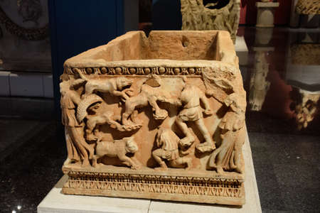 Antalya, Turkey - May 20, 2019: Marble sarcophagus. Sarcophagi from the excavations of the city of...