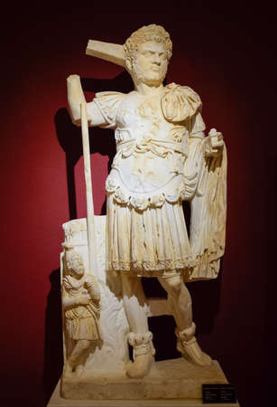 Antalya, Turkey - May 20, 2019: The statue of the Emperor Caracalla, Marble statues of gods and...
