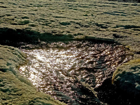 Melting snow in the spring. The spring heat will melt the snow. Brooks and streams of melt waterの写真素材