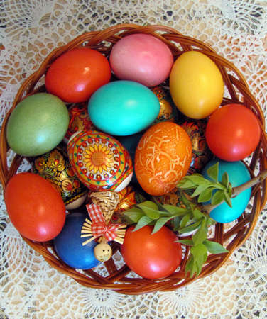 Easter eggs in the nest on a usual family table