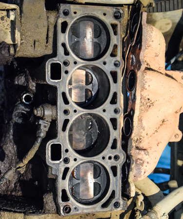 Disassembled car engine. Engine repair VAZ. Old carの写真素材