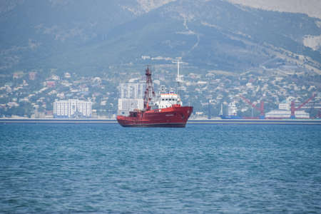 Novorossiysk, Russia - May 20, 2018: Novorossiysk seaport, a ship in the cemess bay.のeditorial素材