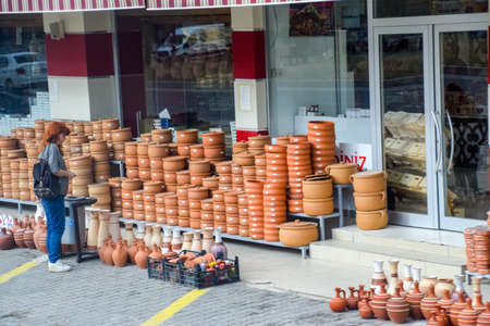 Antalya, Turkey - May 21, 2018: clay pots and amphora pottery. Sale of pottery.のeditorial素材