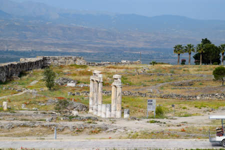 Antique ruins and limestone blocks in Hierapolis, Turkey. Ancient antique city.