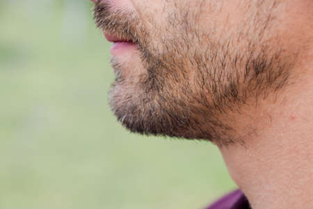 Beard on the face of a young man. bearded male chin. Bearded young man, stubble near. Unshaven more than a week. Hair on the face of a man, a short beard.の写真素材