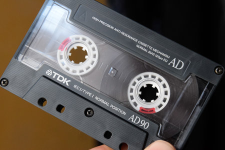 Krasnodar, Russia - January 31, 2022: Vintage audio cassette. Retro music medium, cassette a Retroのeditorial素材