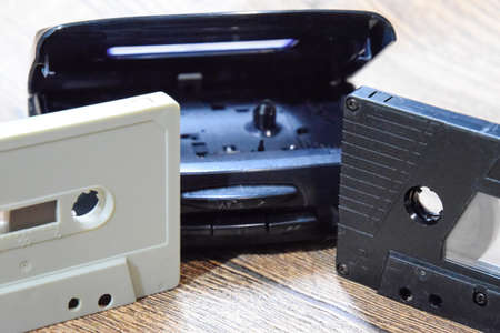 audio cassette. Retro music medium, compact cassette for tape recorder. Retro audio cassettes next...