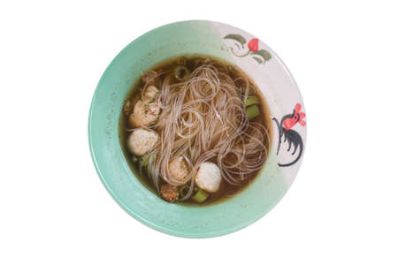 Rice noodle soup with Stewed pork with thai style on white background