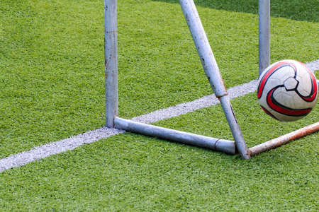 soccer field grass Goal at the stadium Soccer field with white lines on grassの写真素材