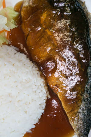 Grilled saba fish with sweet sauce and riceの写真素材