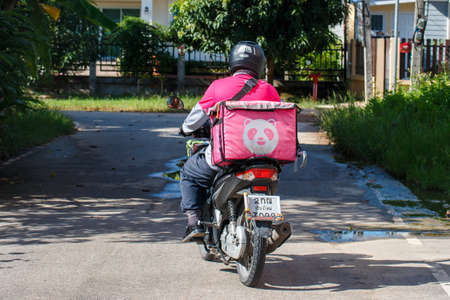 Chiang Mai, Thailand - September 9, 2020 : âFood pandaâ MOTORBIKE at the street. Food delivery service through its app.のeditorial素材