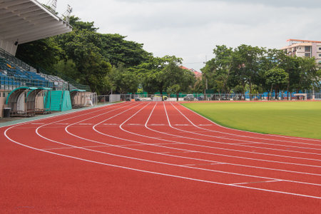 Red running track Synthetic rubber on the athletic stadiumの写真素材