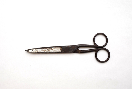 Old scissors on  white background.