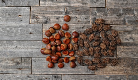 Assortment of nuts on wooden old table,healthy vegan food.