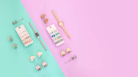 Stock photo of fashion accessories. Flat lay photo with copy space.の写真素材