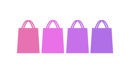 Four shoppings bags in pink and lilac color. Illustration related to shopping and online shopping. Isolated packages on a white background. Copy space. Commerce. Packaging.の写真素材