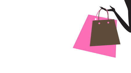 Banner, background or poster with an illustration of a hand with two shoppings bags. Copy space. Concept of shopping. Isolated arm with two bags. Female shopper. Fashion. White background.の写真素材