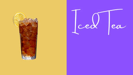 Background, poster, card or banner with an iced drink. Photo related to National Iced Tea Day10 june. Copy space. Colorful background with the text Iced Tea.の写真素材
