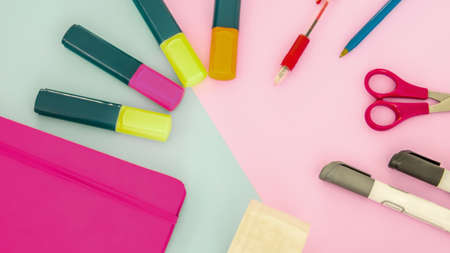 Stock photo of school stuff. Flat lay photo with copy space.の写真素材