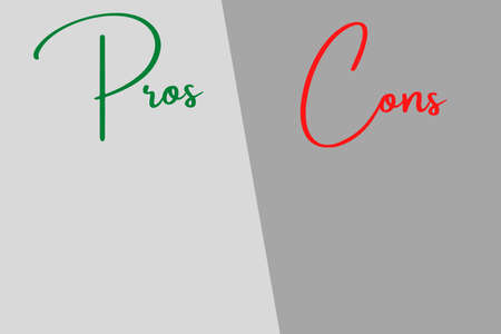 List of pros and cons on a gray background. Simple concept for comparison between advantages and disadvantages in a business plan or comparison. Illustration with the text pros and cons.の写真素材