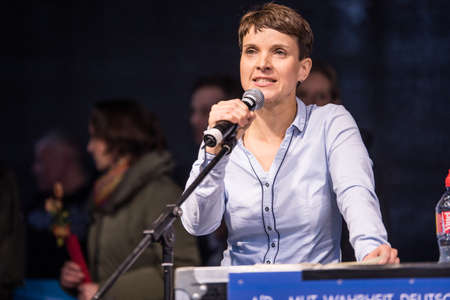 Frauke Petry is talking at an AfD demo in Berlinのeditorial素材