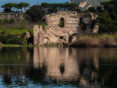 A wonderful day on Lake D'Averno in Naples (Italy); in the photo the Temple of Apollo reflecting in the lake.の写真素材