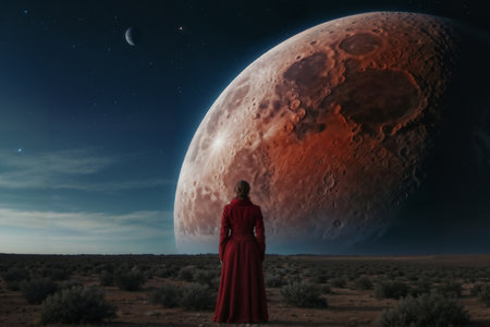 Woman in red cloak standing on the edge of the desert and looking at the moonの素材