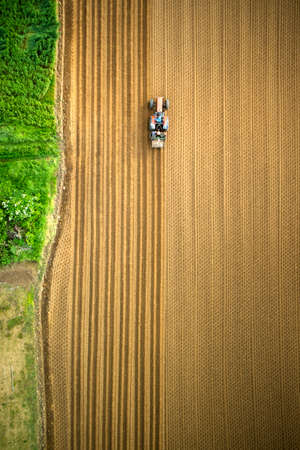 Top view with the use of a drone of the moment when a tractor plows the earthの写真素材