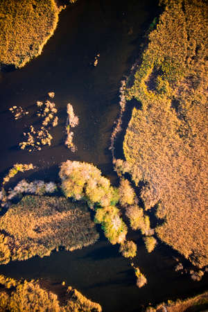 Aerial view of the marshy area of the lake of Porta Versilia Italy, in the autumn season.の写真素材