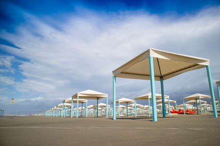 Autumn view of the Gazebos on the beach of Viareggio Tuscany Italyの写真素材