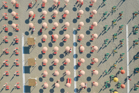 Aerial view of the equipped beach of Lido di Camaiore Tuscany photographed in the late afternoonの写真素材