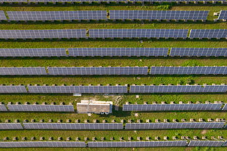 Aerial view of a series of solar panels for producing electricityの写真素材