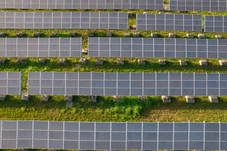 Aerial view of a series of solar panels for producing electricityの写真素材