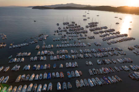Photographic documentation of the small port in the Gulf of Baratti Tuscany Italy at the first light of dawnの写真素材